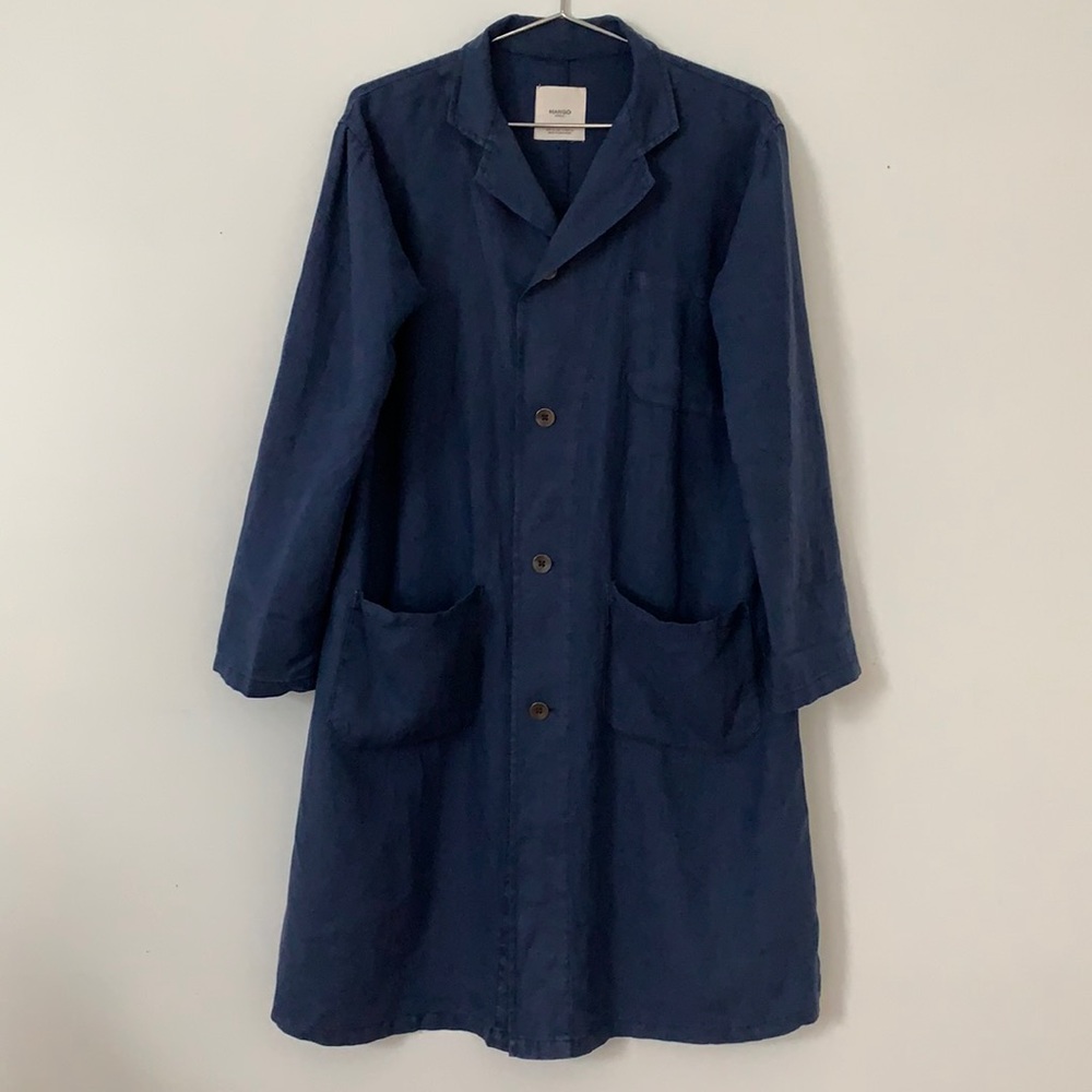 Mango long blue linen coat